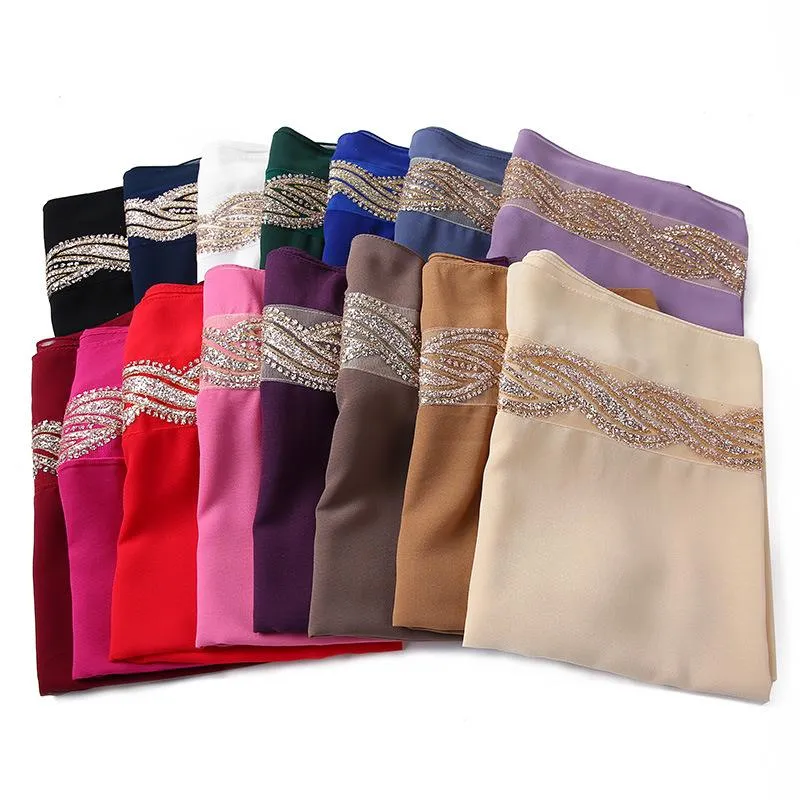 Muslimischer Chiffon Hijab mit Diamanten Kopfschals für Damen Islamische Schal Hijabs Foulard Arab Wrap Turban Schal