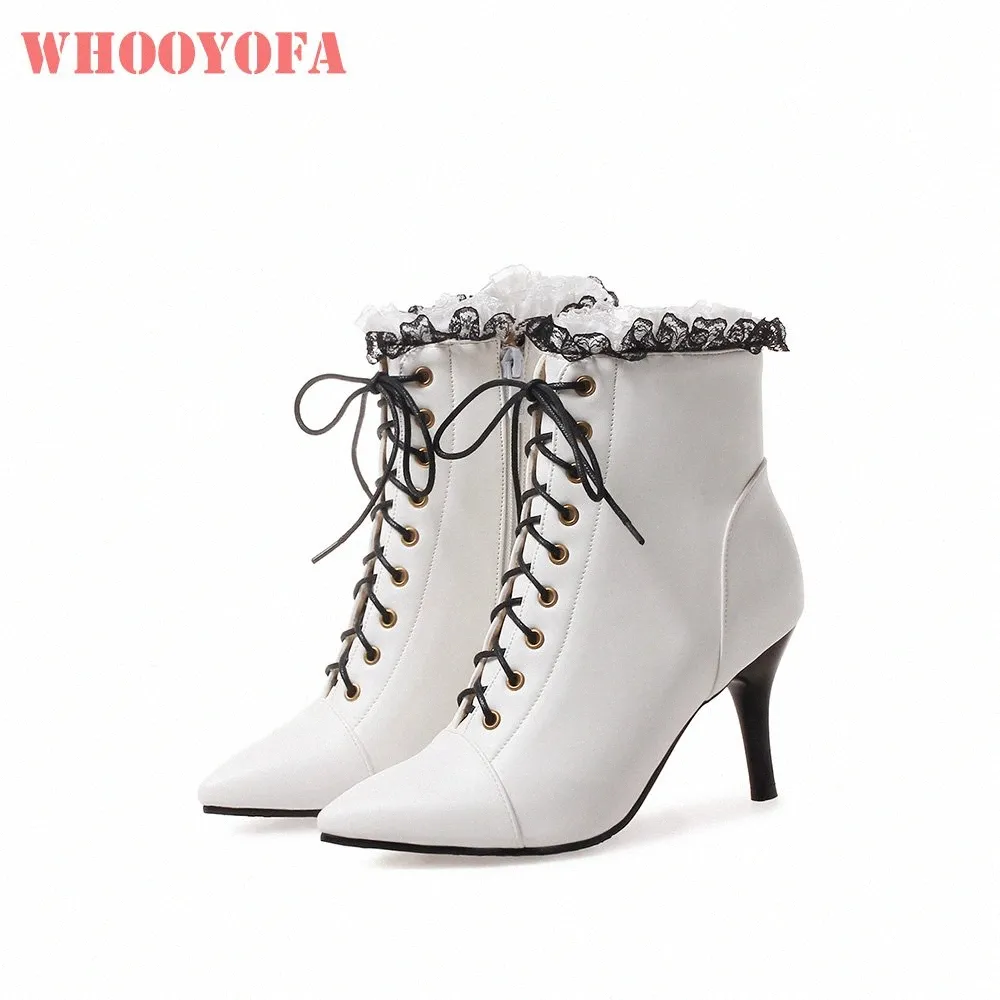 Hot New Winter Fashion Black White Women Ankle Nude Boots Ruffles Lady Shoes High Heels W3 21 Plus Big Size 12 32 43 48 36nm#