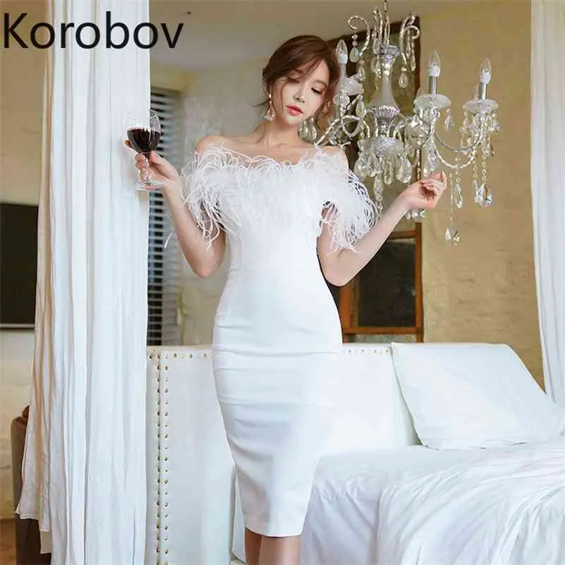 Korobov Fashion Sexy Off spalla Party Night Dress Piume d'epoca Slash Neck Abiti aderenti Slim Vestidos 79604 210430