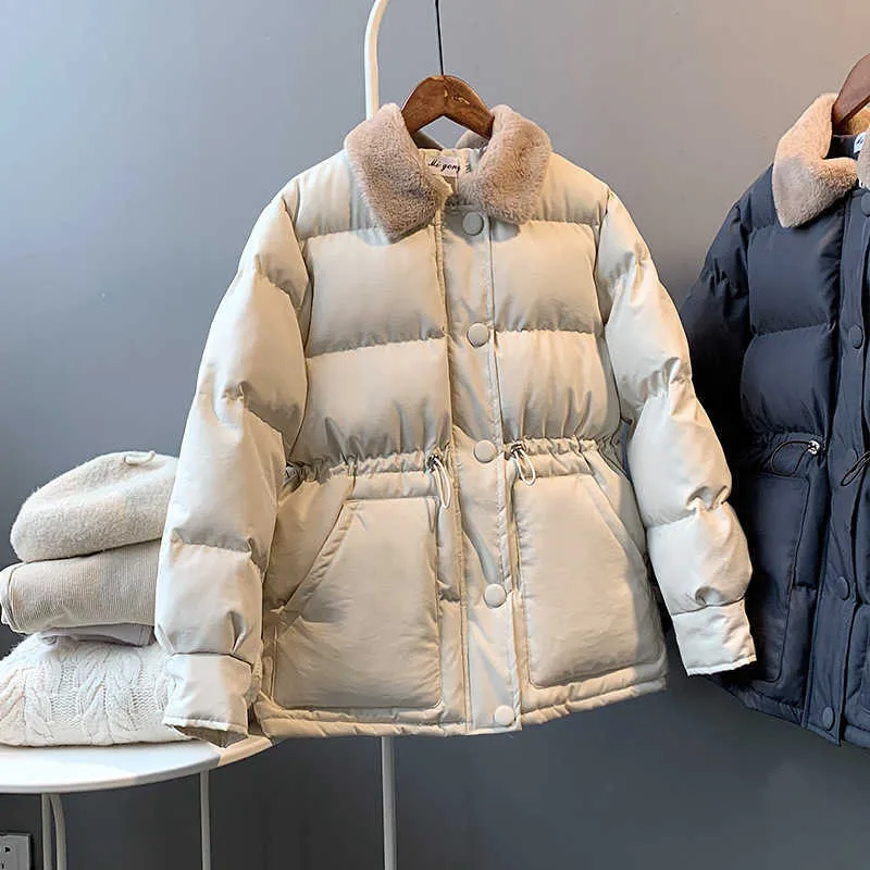 暖かい冬のダウンジャケットの女性のファッションコットンパッド入りのフェイク毛皮襟パーカーオールコート固体女性のoutwear 210531