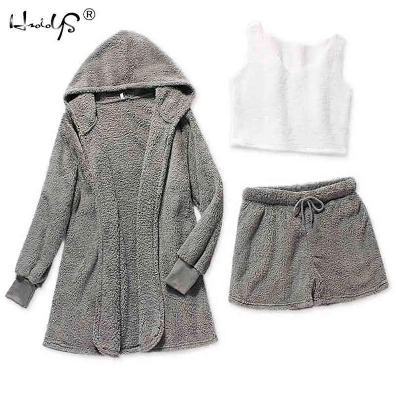 Vinter pyjamas Set Kvinnor SleepWear Warm Flannel Långärmad Robe Vest Kort Byxor Rosa Gullig Homewear Velvet Home Suit 210809