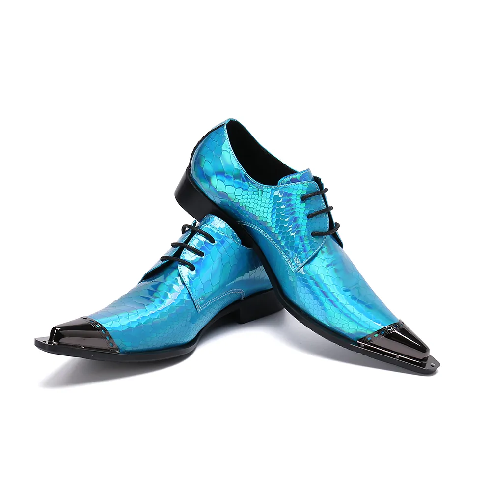 المعادن تو الرجال الأحذية الرسمية جلد طبيعي أكسفورد للرجال الايطالية اللباس أحذية الزفاف أحذية الزفاف الأزرق الأفعى البشرة طباعة البروجيز
