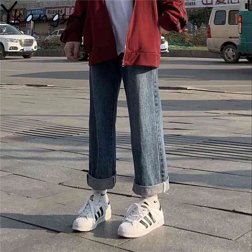 Rechte hoge taille jeans vrouwen denim brede leggs broek koreaanse stijl mode lente casual losse alle match 210922