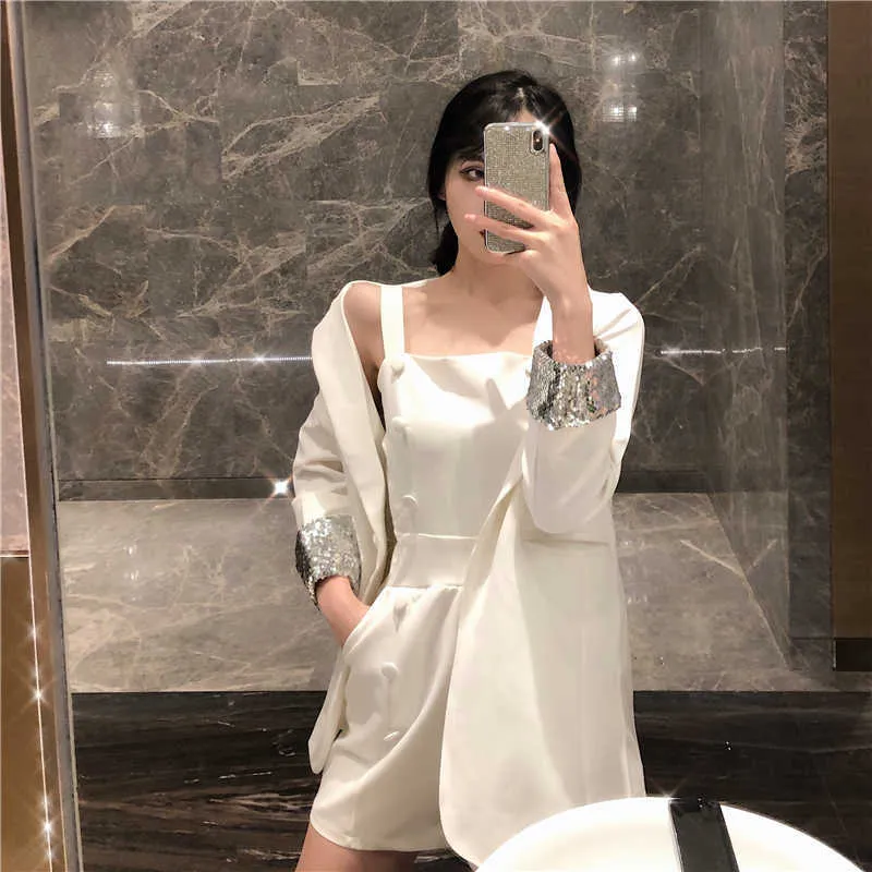 OL Temperament Fashion Long Sleeve White Blazer Jacket Lapel Coat Suits Sexy Strap Jumpsuits Rompers Playsuits Black Sets 210610