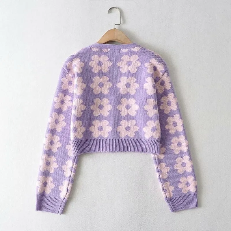 Floral Print V Neck Knit Cardigan Womens Single Breasted