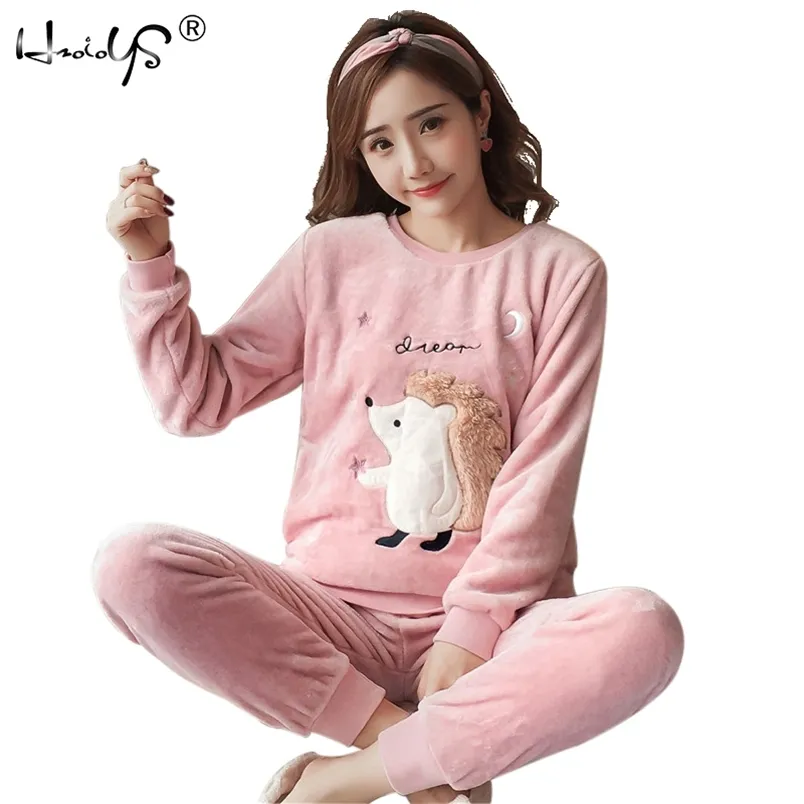 Women's Pajamas Autumn and Winter set Women Long Sleeve Sleepwear Flannel Warm Lovely Top + Pants Female Pyjama 210901