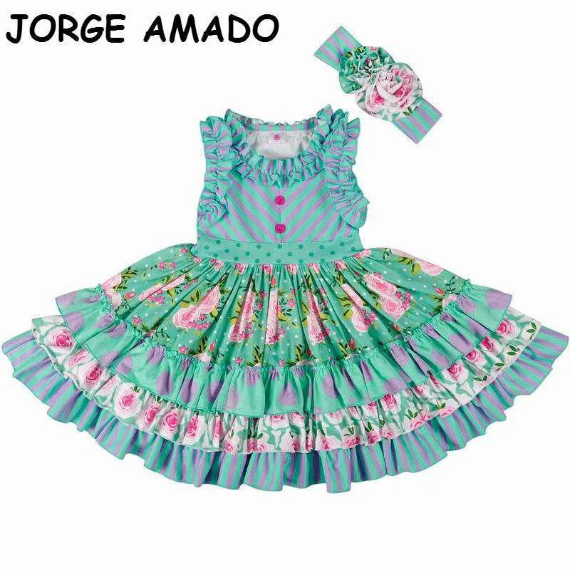 Baby Girl Dress Enfants es pour filles Green Stripe Floral Cake Princess Vêtements pour enfants 0-6Y E83080 210610