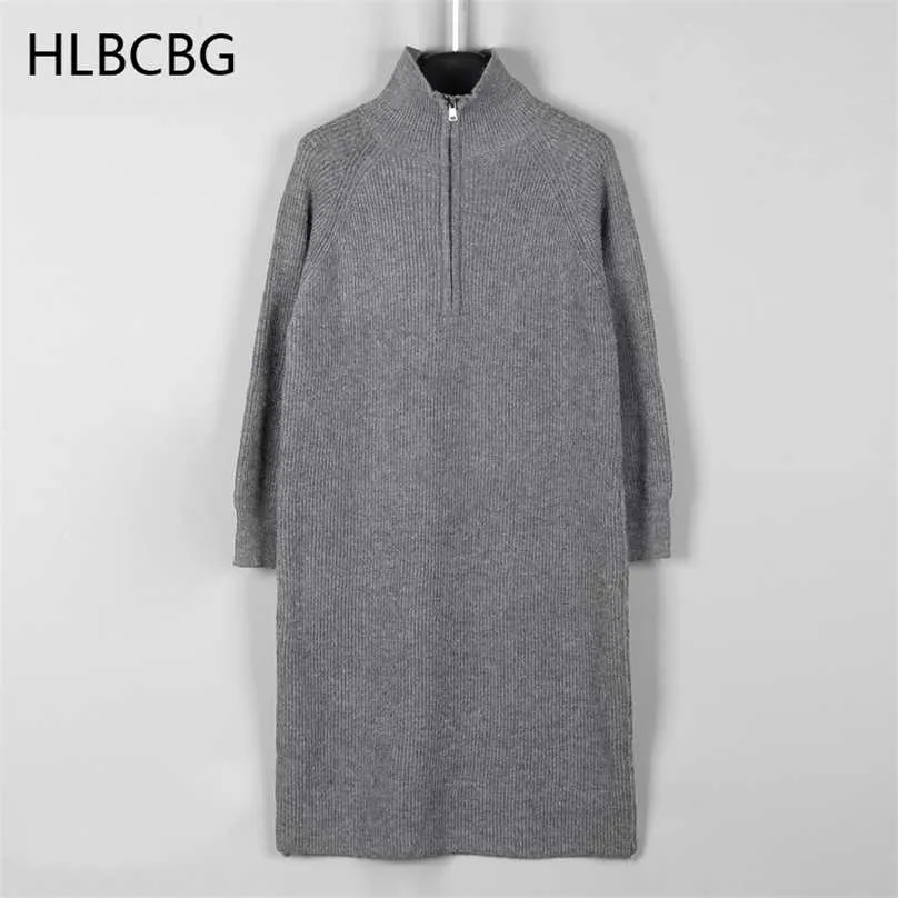 女性秋冬厚い長い長いマキシドレスのためのHLBCBGロングニットセータードレスエレガントなジッパーローブフェムメヴェステッド211206