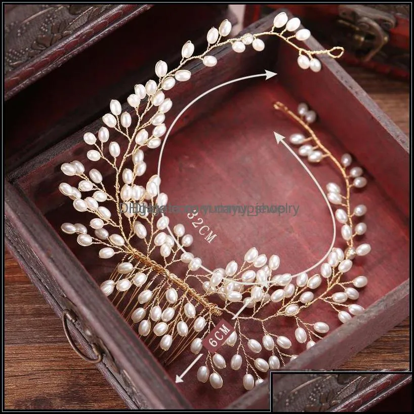 Headbands Hair Jewelry Simated Pearl Handmade Headpiece Gold Plated Copper Alloy Leaves Bridal Wedding Drop Delivery 2021 Evgm7