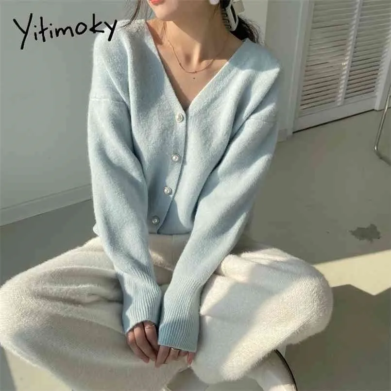 Yitimoky Cardigan женщин свитер падение корейской моды синий V-образным вырезом вязаная леди одежда с твердой повседневной розовой теплым свободным пальто 210917