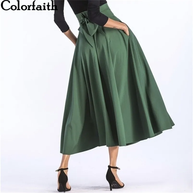 Colorfaith Vrouwen Spleet Lange Maxi Rok Vintage Dames Mode Geplooide Uitlopende Pockets Lace Up Bow Plus Size 4XL SK8831 210621