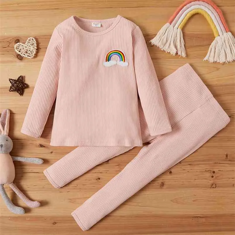 Zima Dzieci Zestawy Casual Z Długim Rękawem O Neck Haft Rainbow T-shirt Różowe Solidne Spodnie Słodkie 2 Sztuk Odzież dziecka 210629