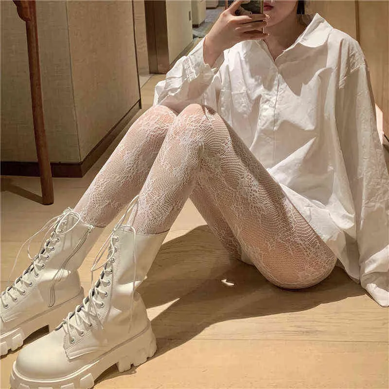 Hot Selling Womens Sexy Fishnet Pantyhose Lolita Black White Lace Mesh Flor Hold Flors Mulheres meias de Nylons finas Y1119