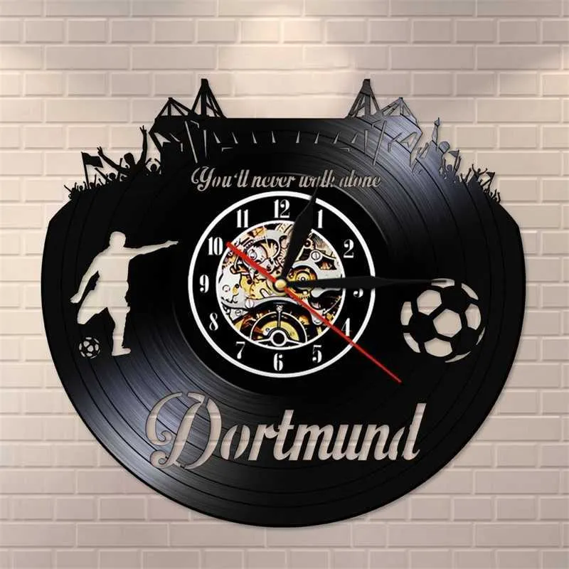 Dortmund City Skyline Wanduhr, deutsche Staaten, Fußballstadion, Fans, Feier, Wandkunst, Vinyl-Schallplatten-Wanduhr, Y200109