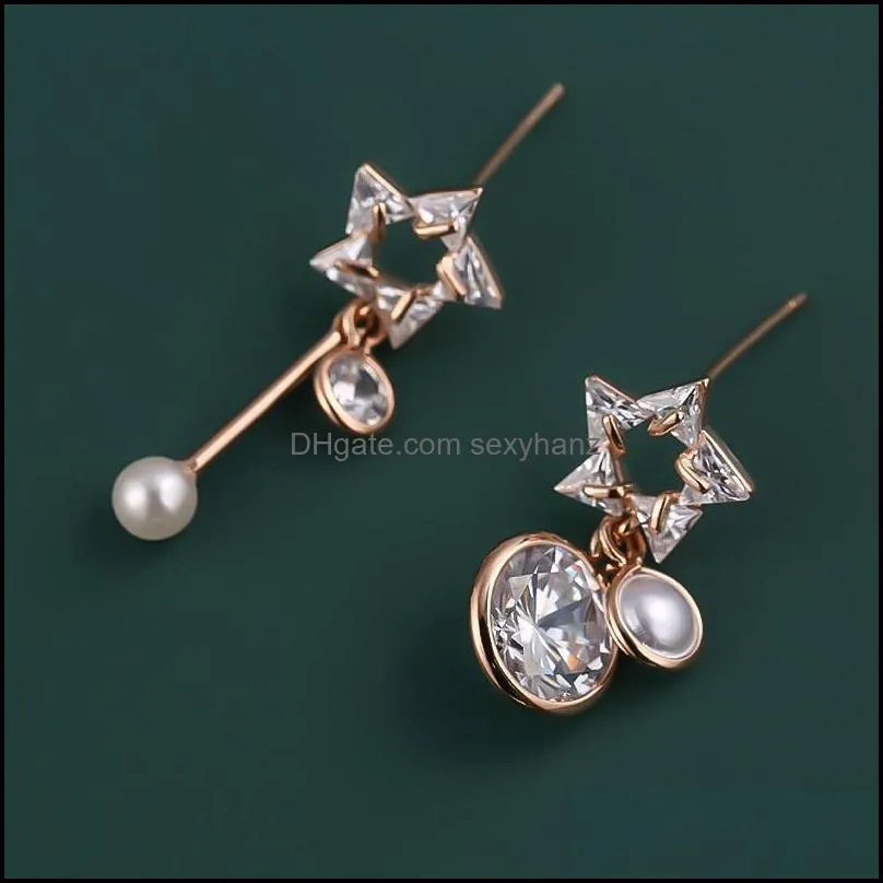 Dangle & Chandelier Minar Unique Design Hollow Out Star Freshwater Pearl Earings For Women Exquisite Asymmetric Cubic Zircon Jewelry