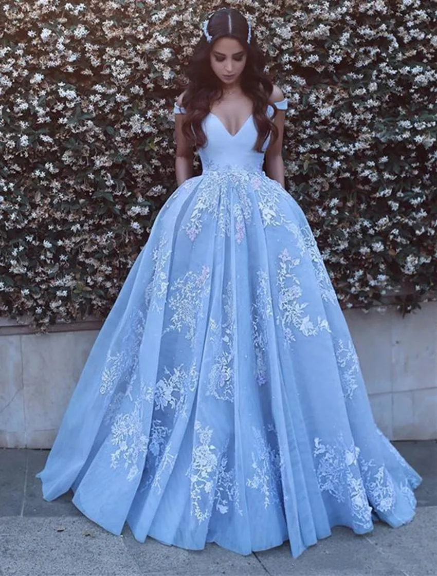 Beautiful Sky Blue Arabic Dubai V-neck Wedding Dress Special Occasion Dresses A-Line Cap Sleeve Lace Appliques Long Wedding Gowns