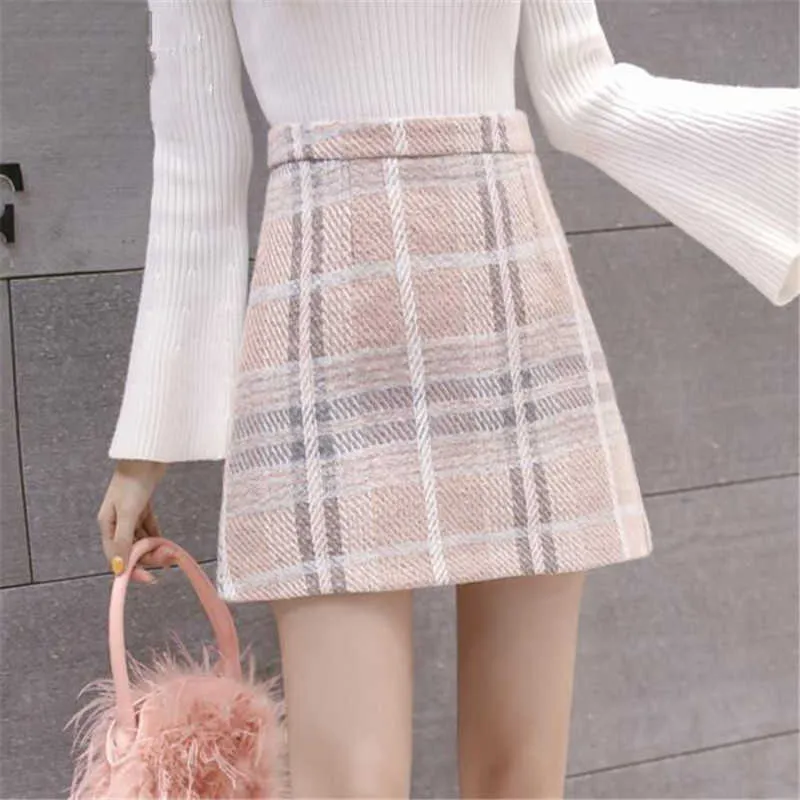 Roze Blauw Sweet Tweed Wol Mini Rok Vrouwen Koreaanse Mode Hoge Taille Wollen Plaid Rok Dames Kantoor Casual Streetwear Faldas 210619