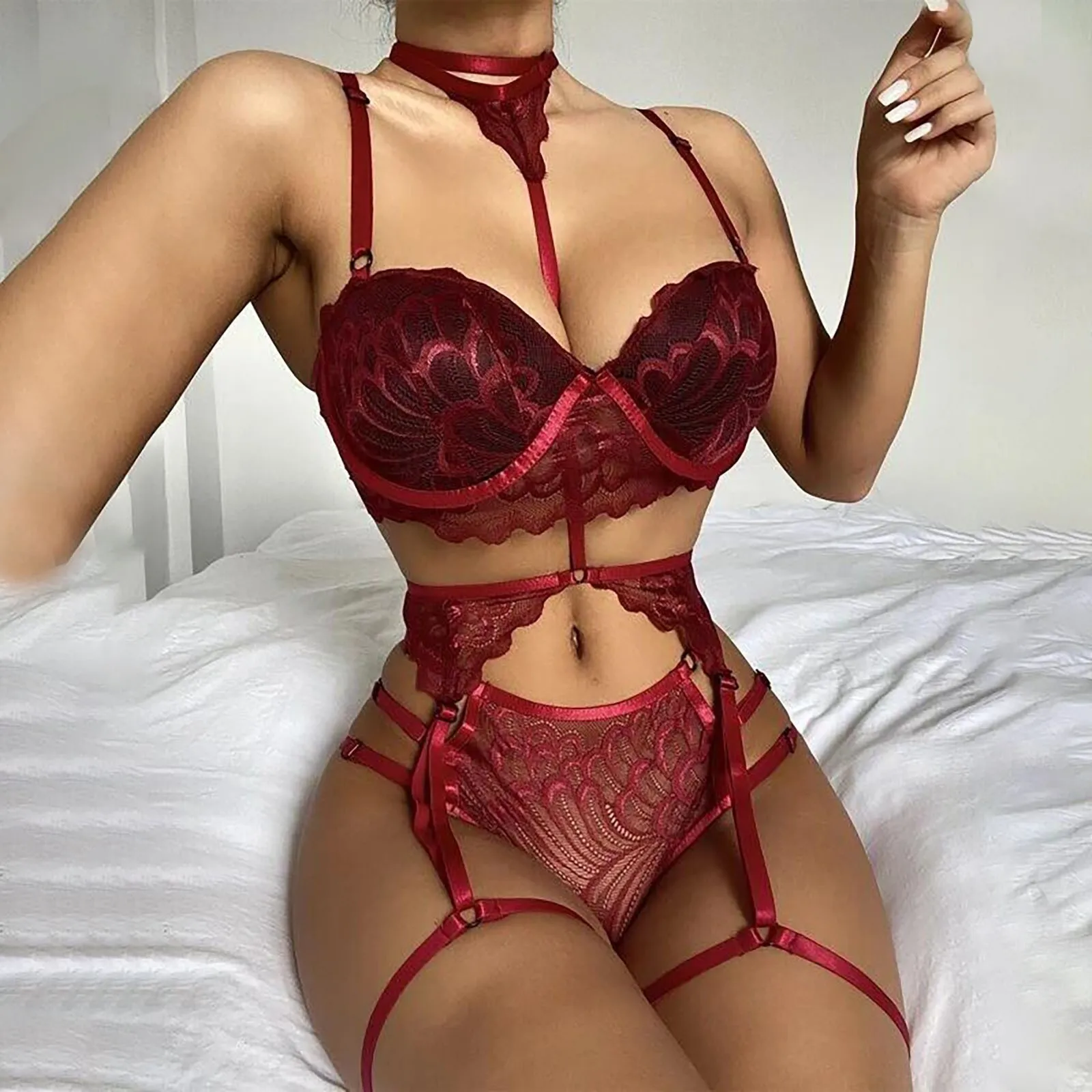  Women Sexy Lace Lingerie Set,Lace Push Up Bra and G-String Panty  with Garter Belt 3 Piece Bra Set (B/C, Blush Pink, 34): Clothing, Shoes &  Jewelry