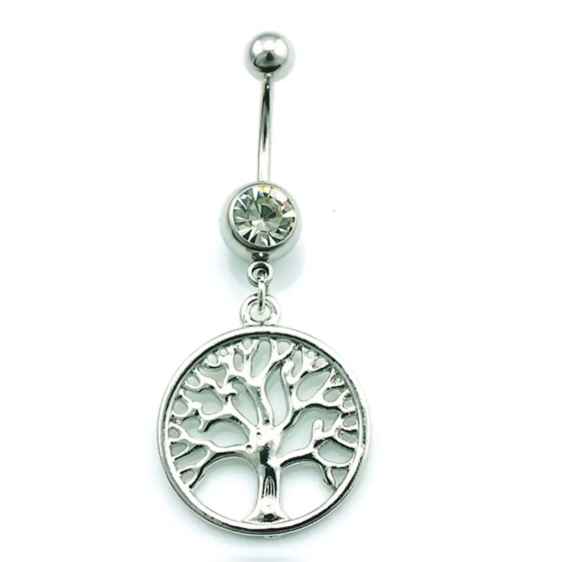 Bell Ringen Mode Belly Button Ring Rvs Barbell Dangle Tree of Live Charms Navel Body Piercing Sieraden Drop Levering 2682 Q2