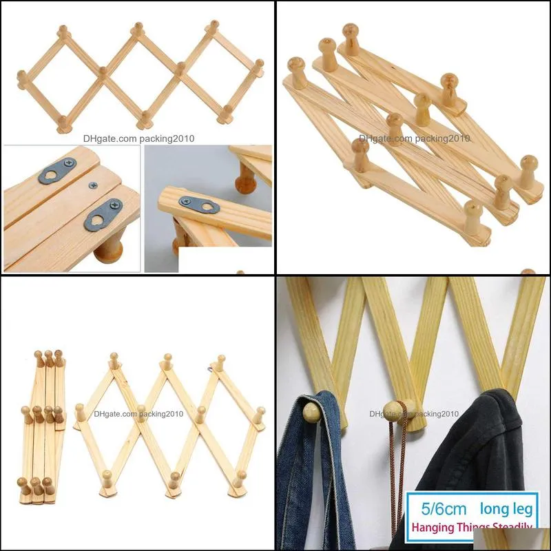 Natural Wood Wall Mounted Expandable Accordion Peg Coat Rack Hanger Hat Closet Hook Expanding Fold Door Wooden hanger 10 Hooks 220115