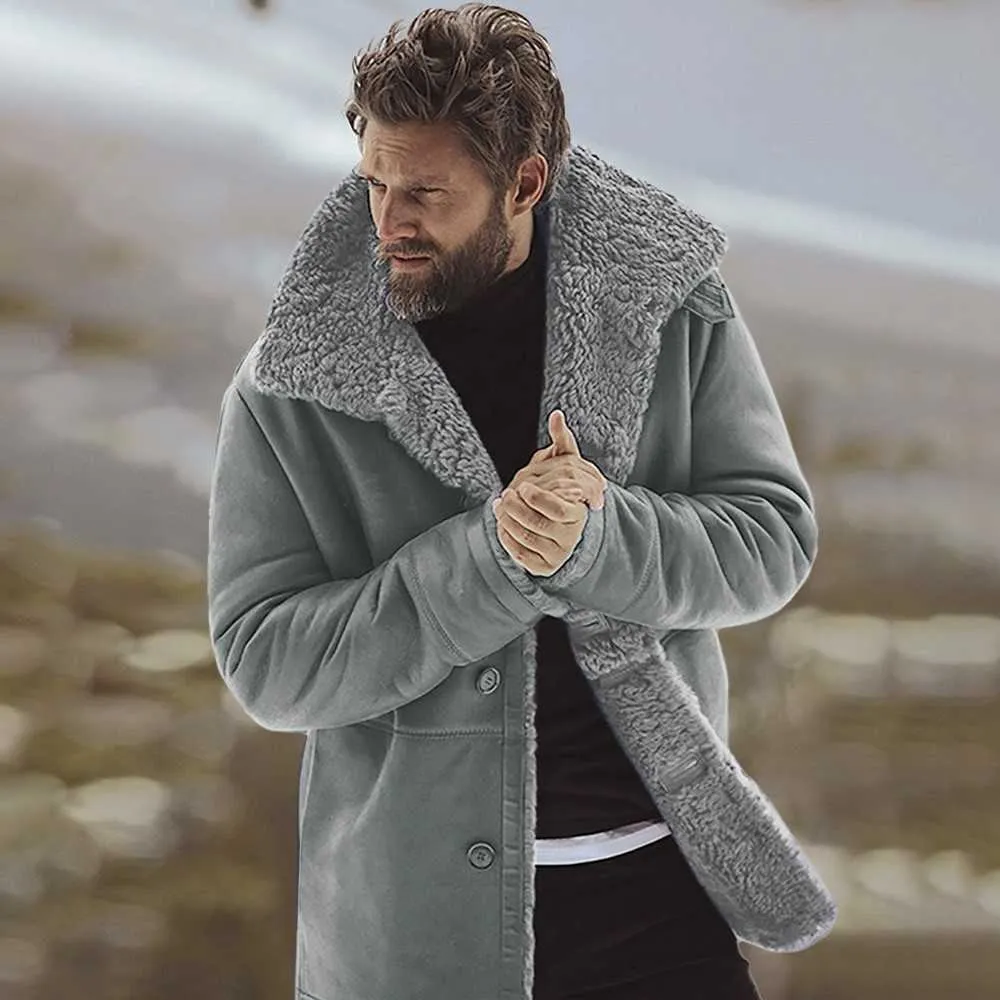 Men's Winter Fashion Sheepskin Jacket Warm Wool Lined Mountain Faux Lamb Jackets Coat Outwear Causal Mens Tops Blouse Style 211015