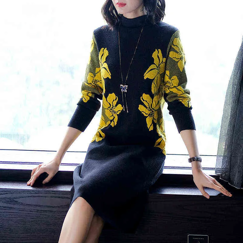 Floral Women Winter Turtleneck Sweater Dress Female Elegant High Quality Knitting Dress Knee-Length Vintage Dress Female G1214