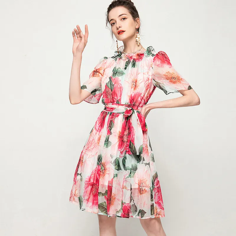 Women's Runway Dresses Ruffled Collar Short Sleeves Floral Printed Sash Belt Fashion A Line Dress Vestidos