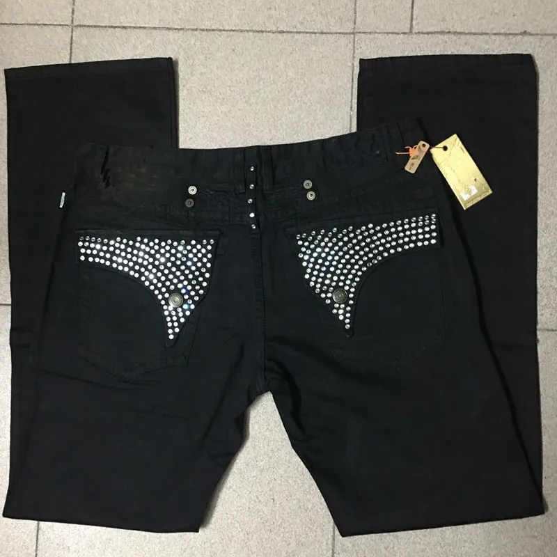 Mens Robin Jeans Svart med Silver Crystal Studs Denim Pants Designer Byxor Wing Clips Dxkippor Emagroderi Rakt passform Size 30-42