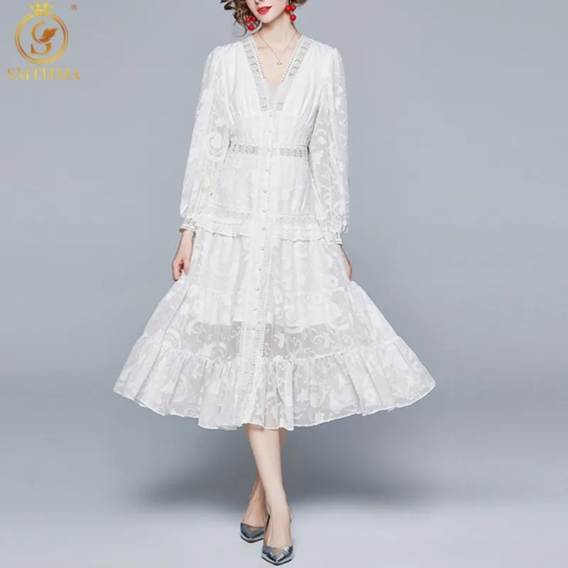 Vintage Elegancka Koronkowa Patchwork Kobieta Z Długim Rękawem Sukienka Wiosna Casual White Dresses Odzież damska Vestidos 210520