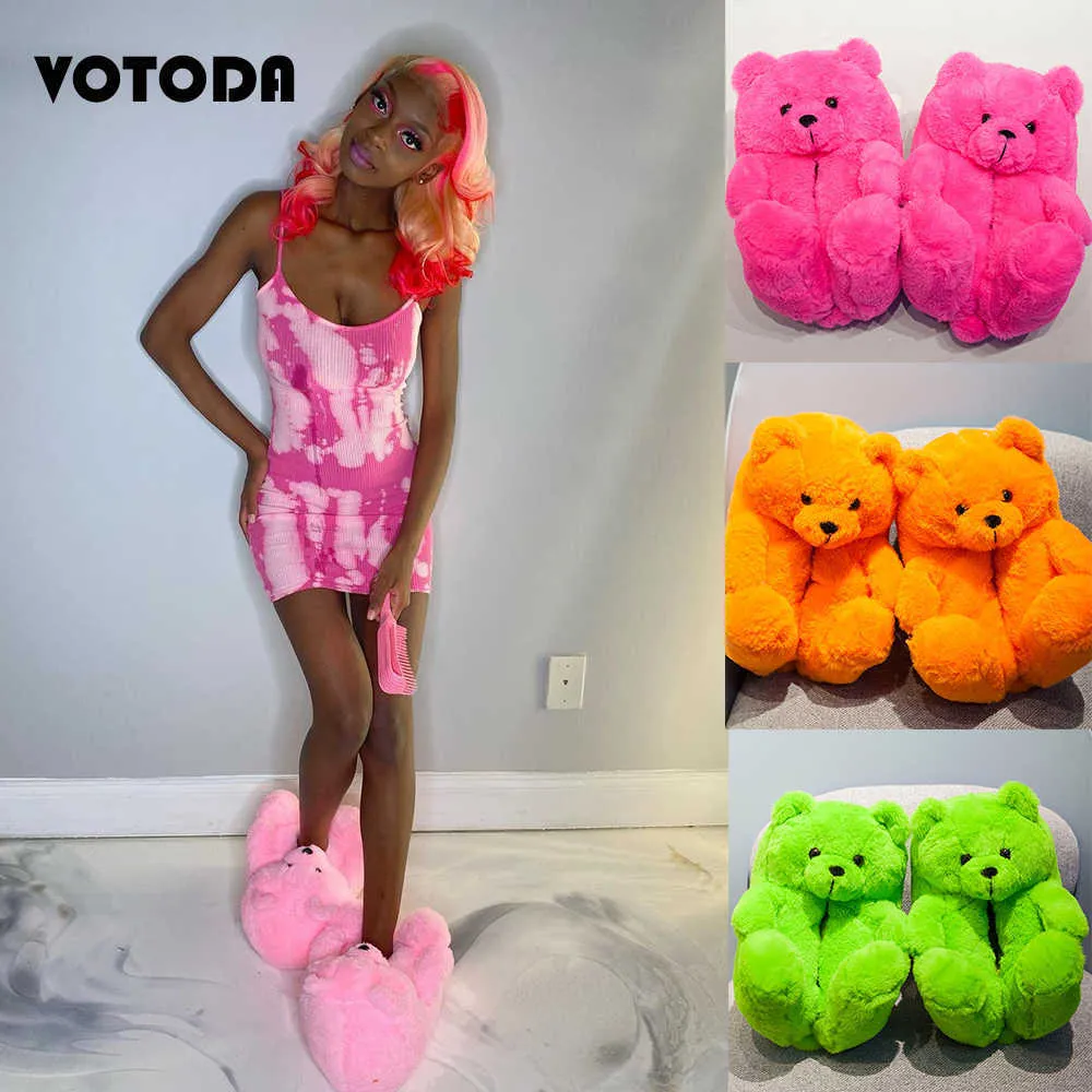 Pluche teddybeer slippers vrouwen huis katoenen slippers schattige cartoon teddybeer glijbanen warme zachte platte schoenen dames huis flip flops y0902