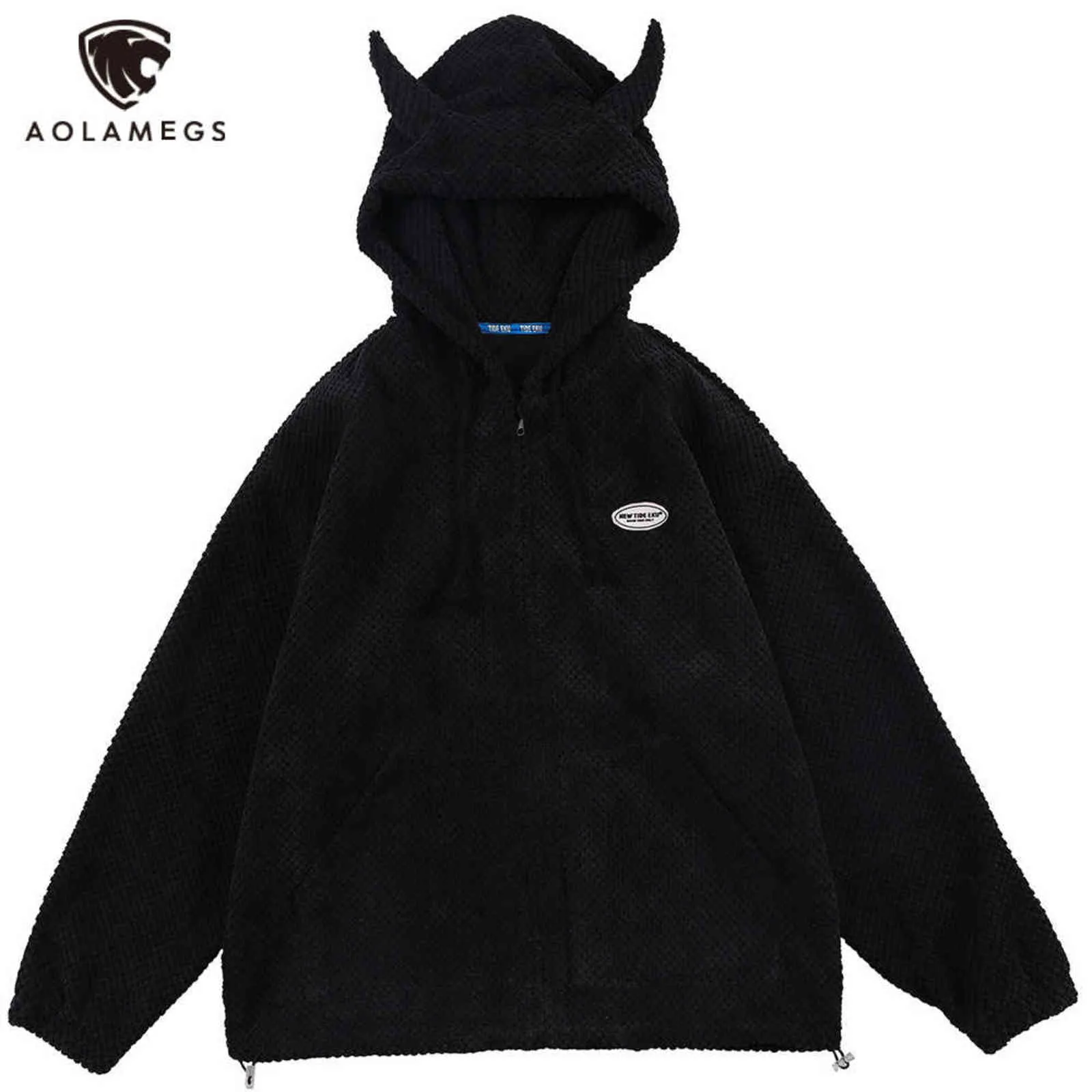 Aolamegs Hoodies Män Twist Stickning Demon Horns Solid Färg Zipper Coats Soft Cozy Hipster Tops Hip Hop Loose Casual Streetwear 211106