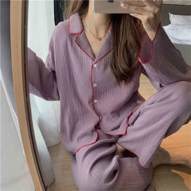 Chic Femme Vintage Sweet Casual Soft Color-Hit Sleepwear Stylish Women Loose Homewear Cotton Pyjamas Sets 210525