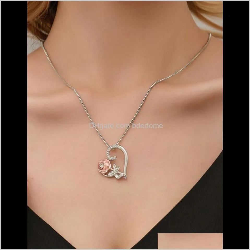 pendant necklace heart pendant gold color rose flower white crystal setting silver color plated box chain women valentine`s day gift