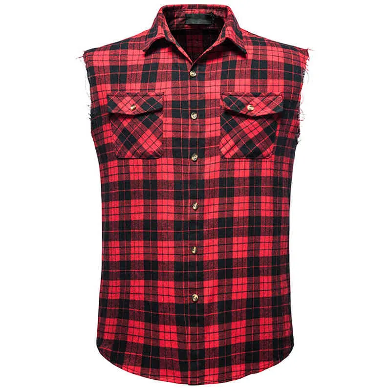 Red Plaid Shirts Men Summer Brand Casual Sleeveless Mens Shirt Double Cowboy Pocket Camisas Breathable Oversize Vest 210524