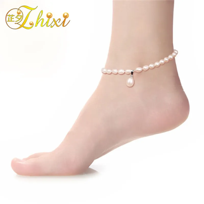 Zhixi natural de água doce anklets fino jóias real pérola tornozelo pulseira de água gota 21cm presente na moda para as mulheres nyjl101