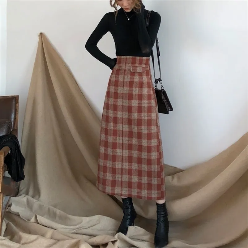 Plus Size High Waist Long Wool Plaid Skirt For Women Red Warm Elegant Office Lady Vintage Autumn Winter Maxi s 210421
