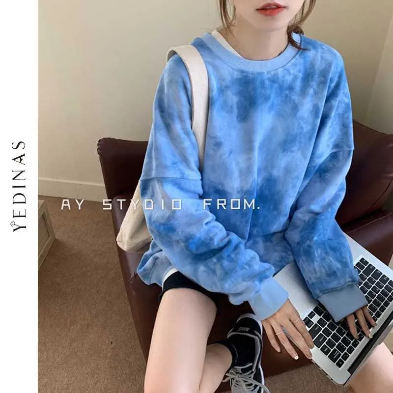 Yedinas Kvinnors Slips Dye Sweatshirts Oversized O-Neck Loose Pullover Fahion Winter Tops Fleece Tröjor för Girls Ladies 210527