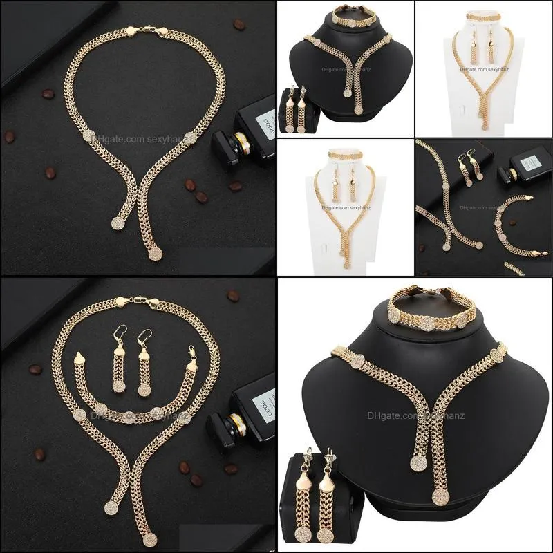 Earrings & Necklace Dubai Gold Jewelry Sets For Women African Bridal Wedding Gifts Party Long Ring Bracelet Set