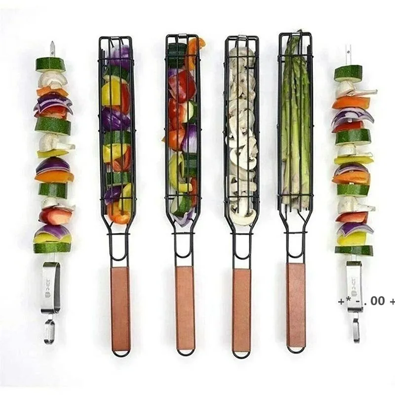 Paniers de barbecue en acier inoxydable Outils de barbecue avec poignée en bois Panier de gril Quesadilla pour légumes, crevettes, viande et hot-dog RRA12232