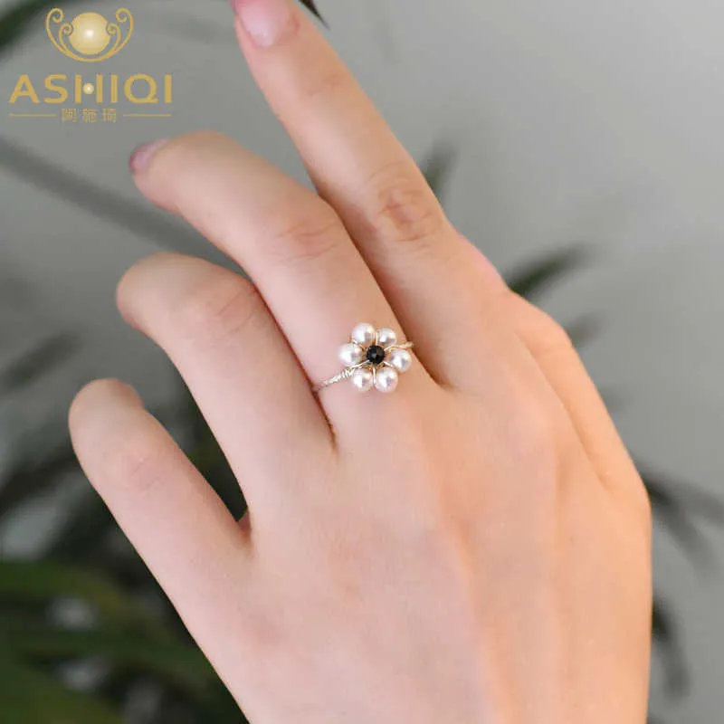 Ashiqi 3-4mm Mini Small Freshwater Pearl Flowers Rings for Women Real 925 Sterling Silver Fashion Jewelry Gift