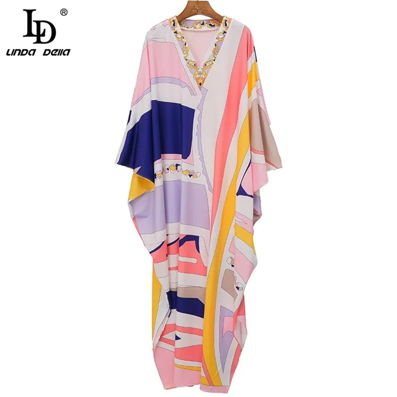 여름 여성의 여러 가지 빛깔의 인쇄 빈티지 롱 드레스 활주로 디자이너 숙녀 V 넥 러프 느슨한 레트로 로브 가운 210522