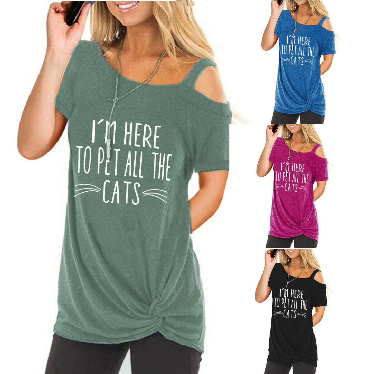 Kadınlar Rahat Tees Bükülmüş T-shirt Kısa Kollu Kapalı Omuz Mektubu Baskılı Gevşek Üst