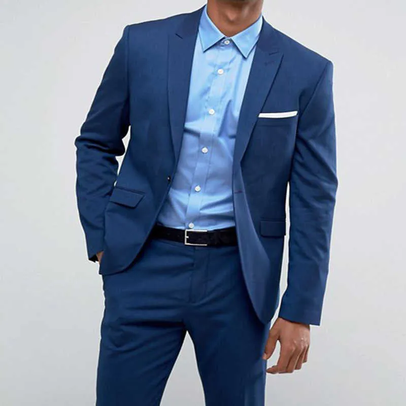 2 шт. Бизнес мужские костюмы для свадьбы Slim Fit Blue Groom Tuxedo с пикированным отворотом пользовательских человек модный костюм набор брюк х0909