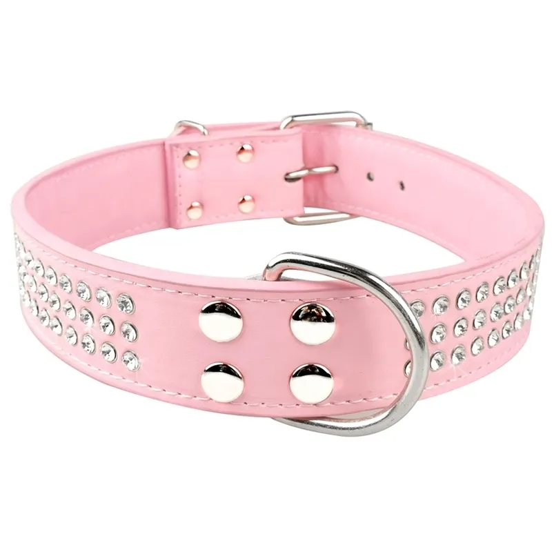 Luxe bling lederen halsbanden kristal diamante kraag verstelbaar roze voor middelgrote grote honden PET-product voor dier 210729