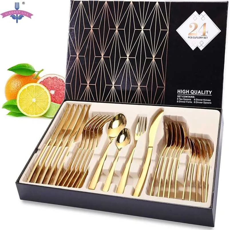 24 sztuk Zestaw Cutlery Zestaw Kolacja Stołowa 18/10 Ze Stali Nierdzewnej Złoto Srebrna Rainbow Black Dropshiping US PL Es Be Ru IL 211112