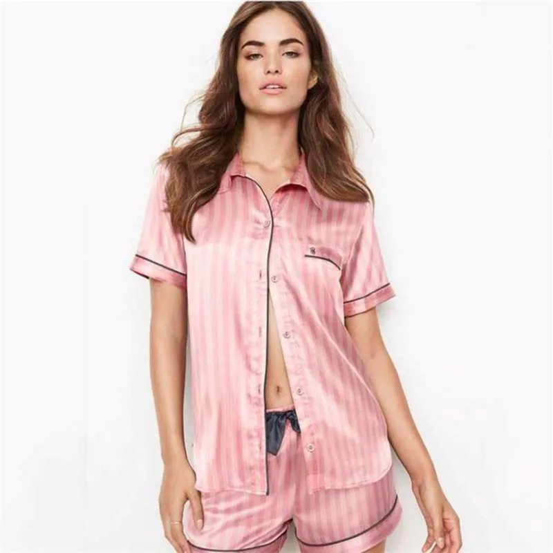 Summer Pajamas for Women Satin Silk Striped Sleepwear 2 Pieces Set Sleep Tops Pants Pjs Ladies Night Wear Loungewear Home Suit 210928