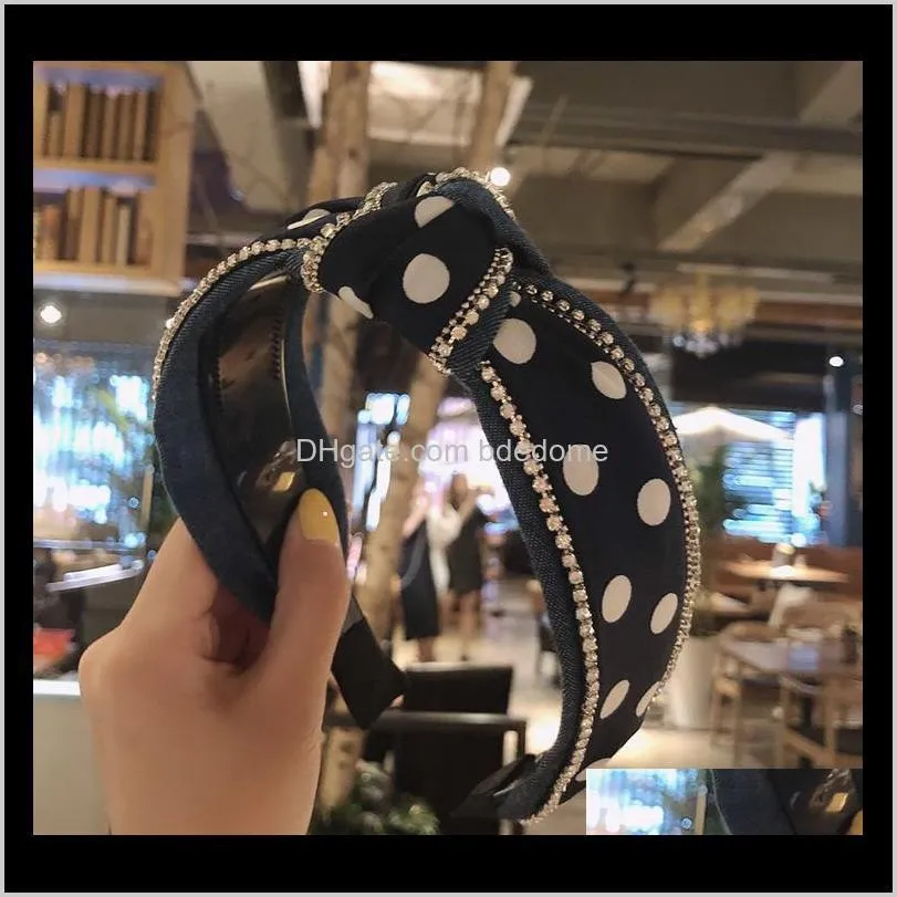  south korea`s high-end hair accessories korean version of polka dot denim art inlaid with diamonds, knotted in the middle,
