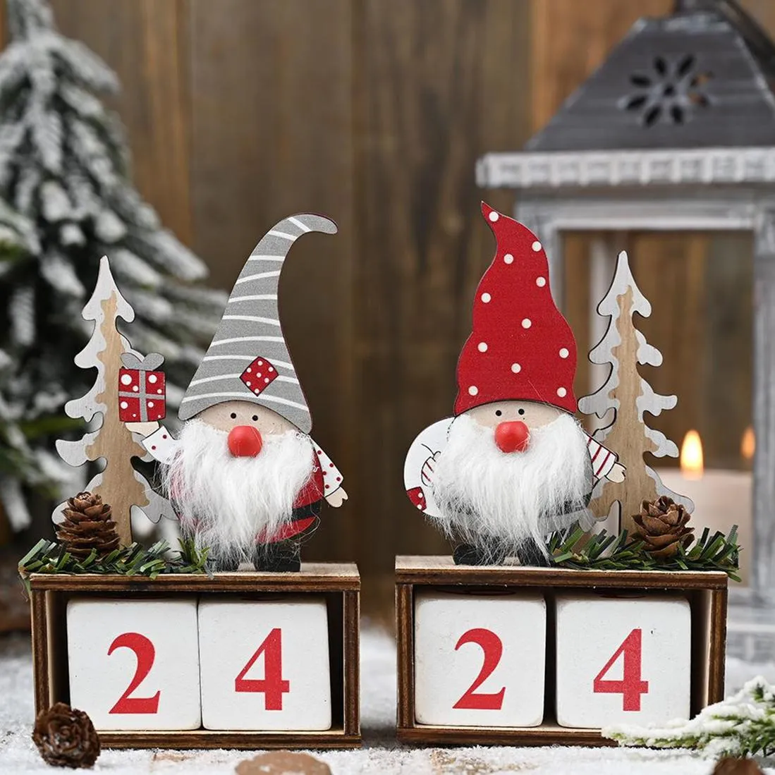 Boże Narodzenie Desktop Ornament Santa Claus Gnome Drewniany Kalendarz Advent Odliczanie Dekoracji Home Tabletop Decor