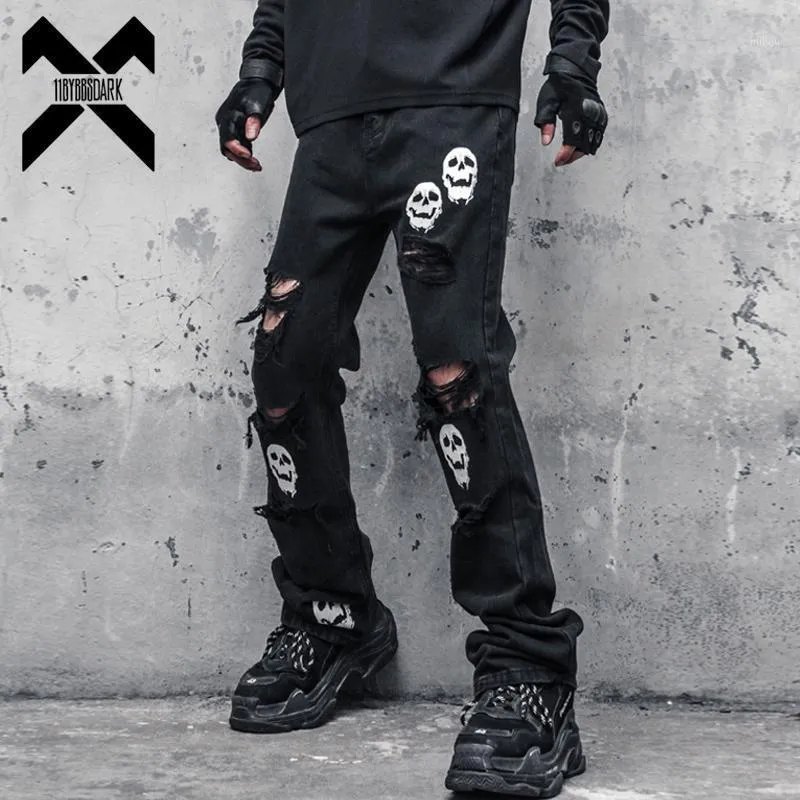 Calças de jeans masculinas 2021 Skinny calças negras streetwear destruído Rasgado crânio bordado bordado hip hop denim buraco buraco wb321