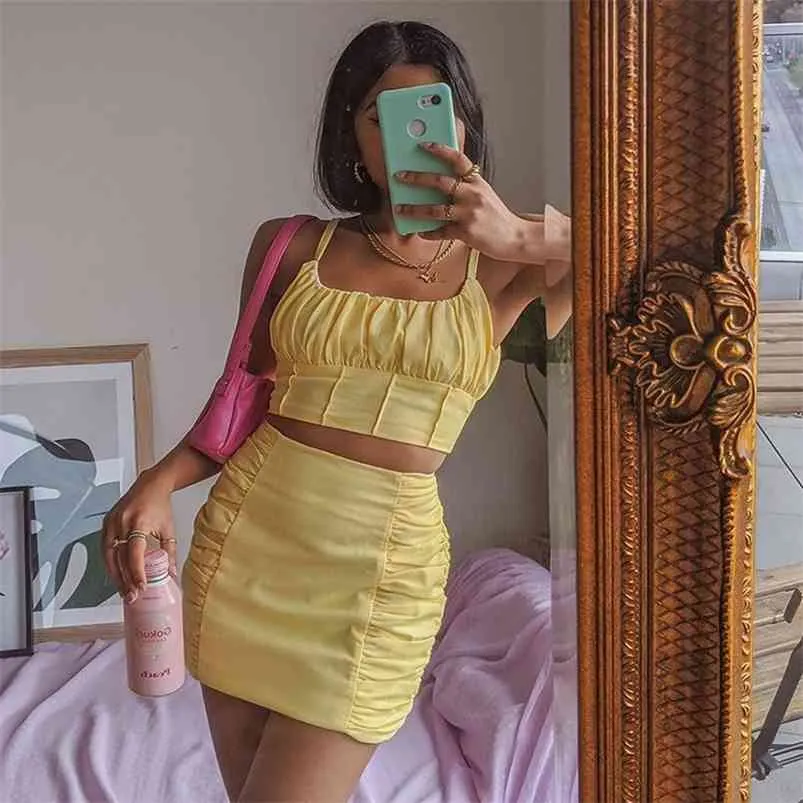 Algodón dos piezas vestido de mujer trajes correa fruncida crop top bodycon mini falda amarillo 2 conjuntos trajes para 210427